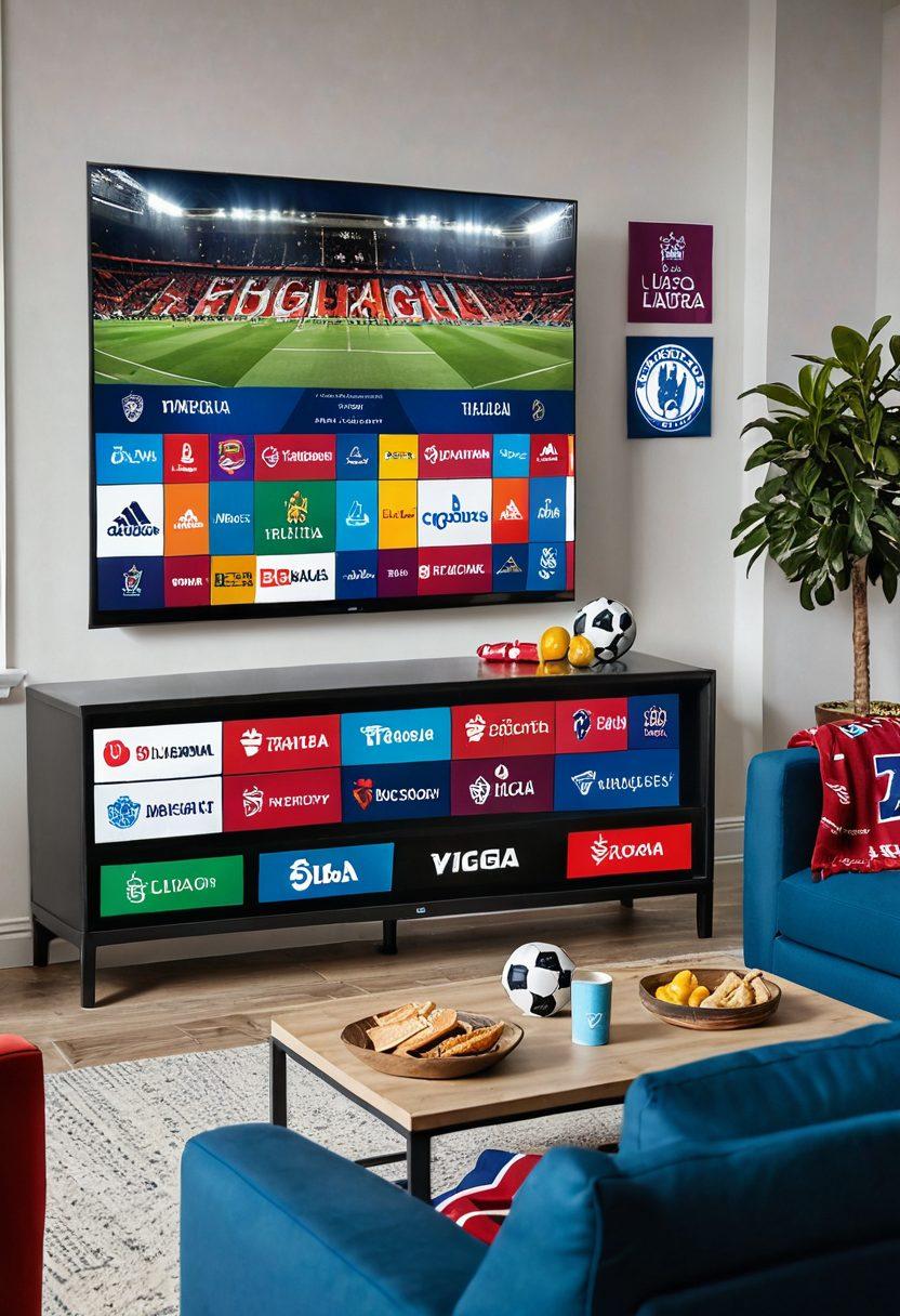 A high-definition smart TV in a modern living room displaying a thrilling football match, with logos of Premier League and La Liga in the background, surrounded by cozy seating, snacks, and a laptop streaming the game. Include vibrant team scarves and a cheering atmosphere. super-realistic. vibrant colors.