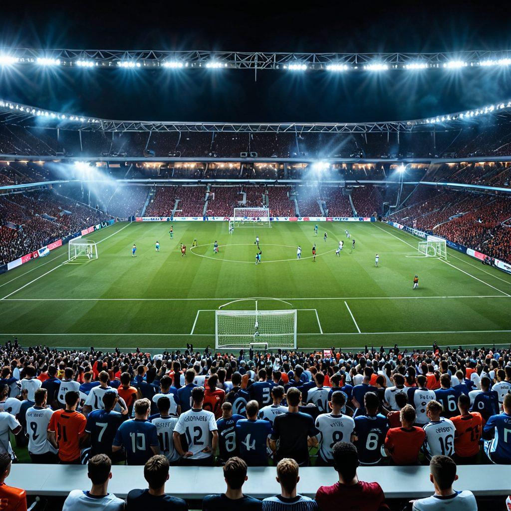 A packed stadium under bright floodlights, with a thrilling soccer match in action, featuring two dynamic teams in mid-play, an excited crowd in the background, and a digital device screen showing the game live streaming. super-realistic. vibrant colors.